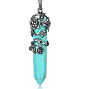 Turquoise Quartz Gemstone Crystal - Antique Silver Flower Wrapped Pendan